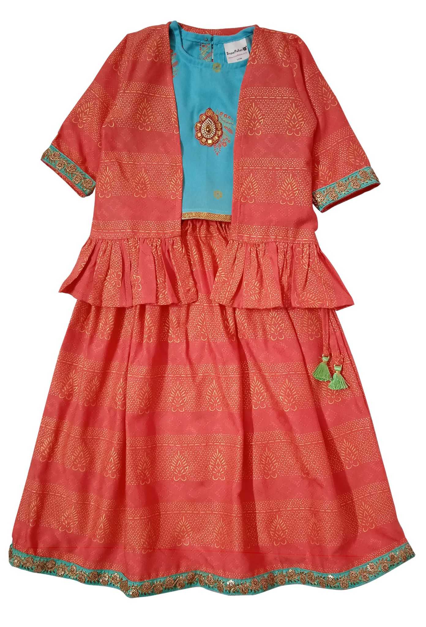 Snowflakes Girls Lehenga, Choli & Jacket Set - Peach & Pista Green