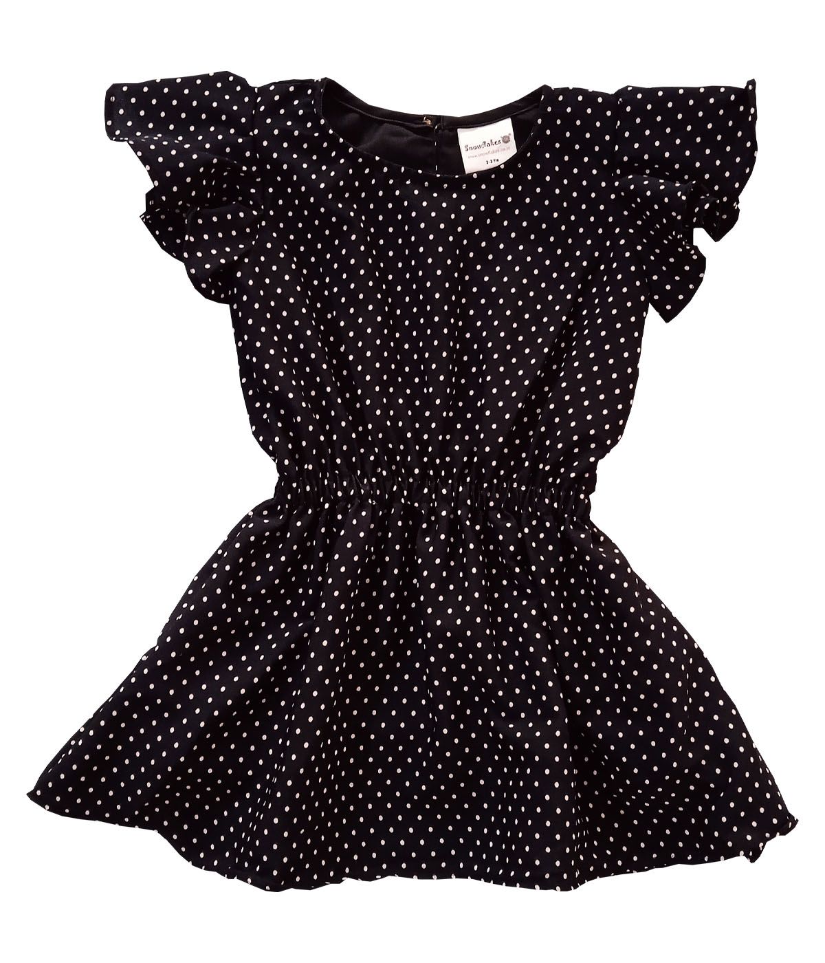 Snowflakes Girls Frock with Polka Dots Print - Black