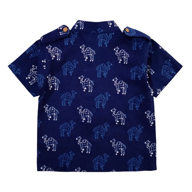 Snowflakes Boys Half Sleeve Shirt With Camel Prints -Blue