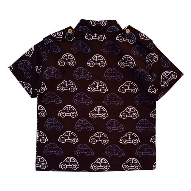 Snowflakes Boys Half Sleeve Shirt With Car Prints -Black