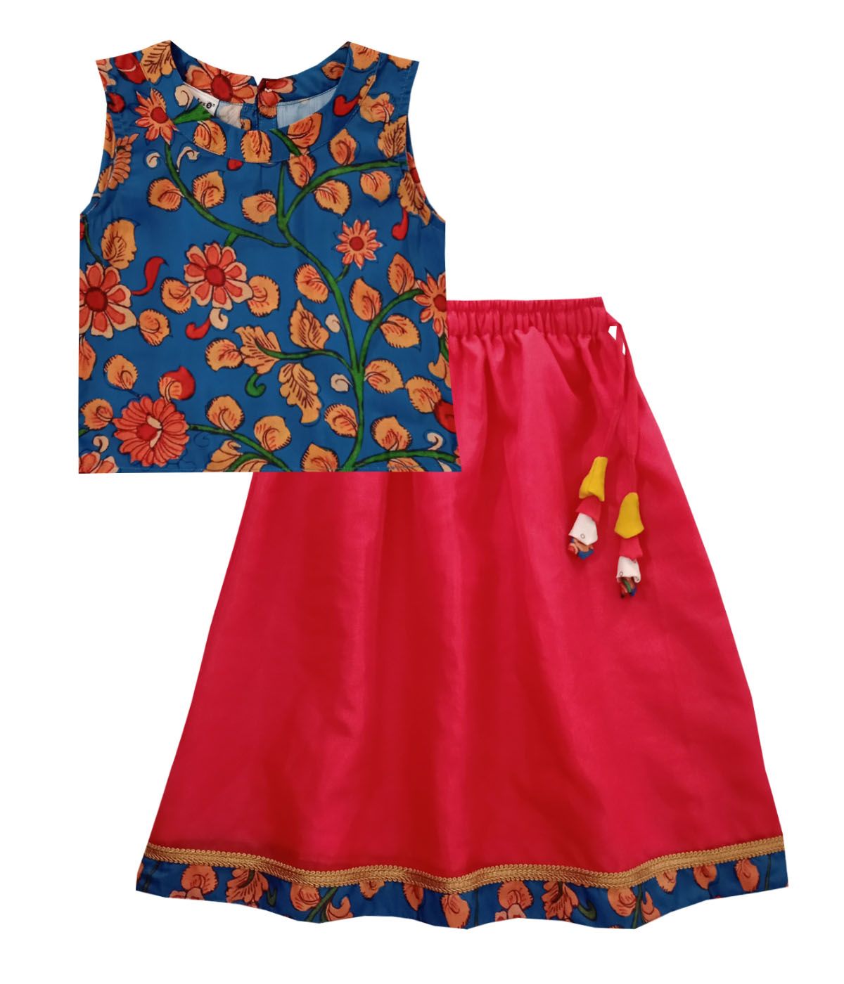 Snowflakes Girls Lehenga Set With Kalamkari Floral Printed Top And Organza Lehenga - Blue & Pink