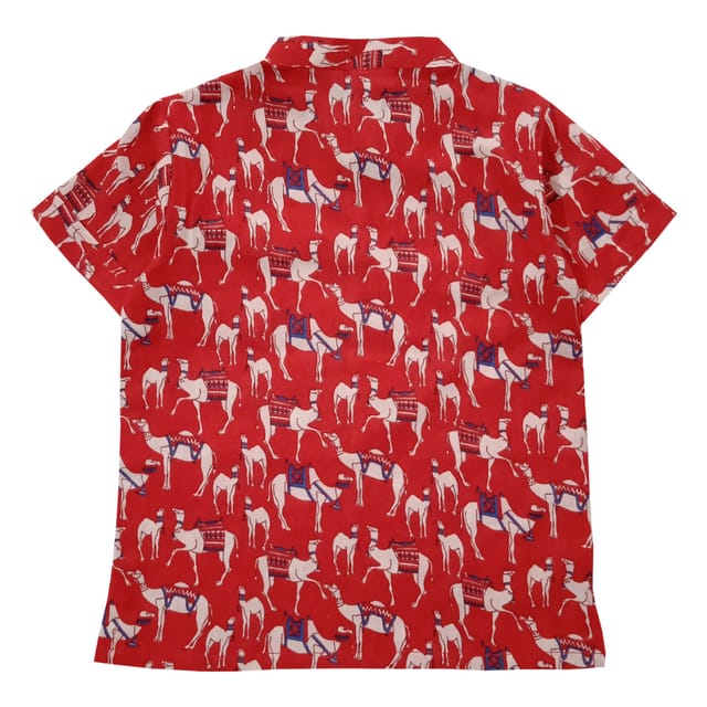 Snowflakes Boys Half Sleeve Short Kurta With Camel Prints -Red