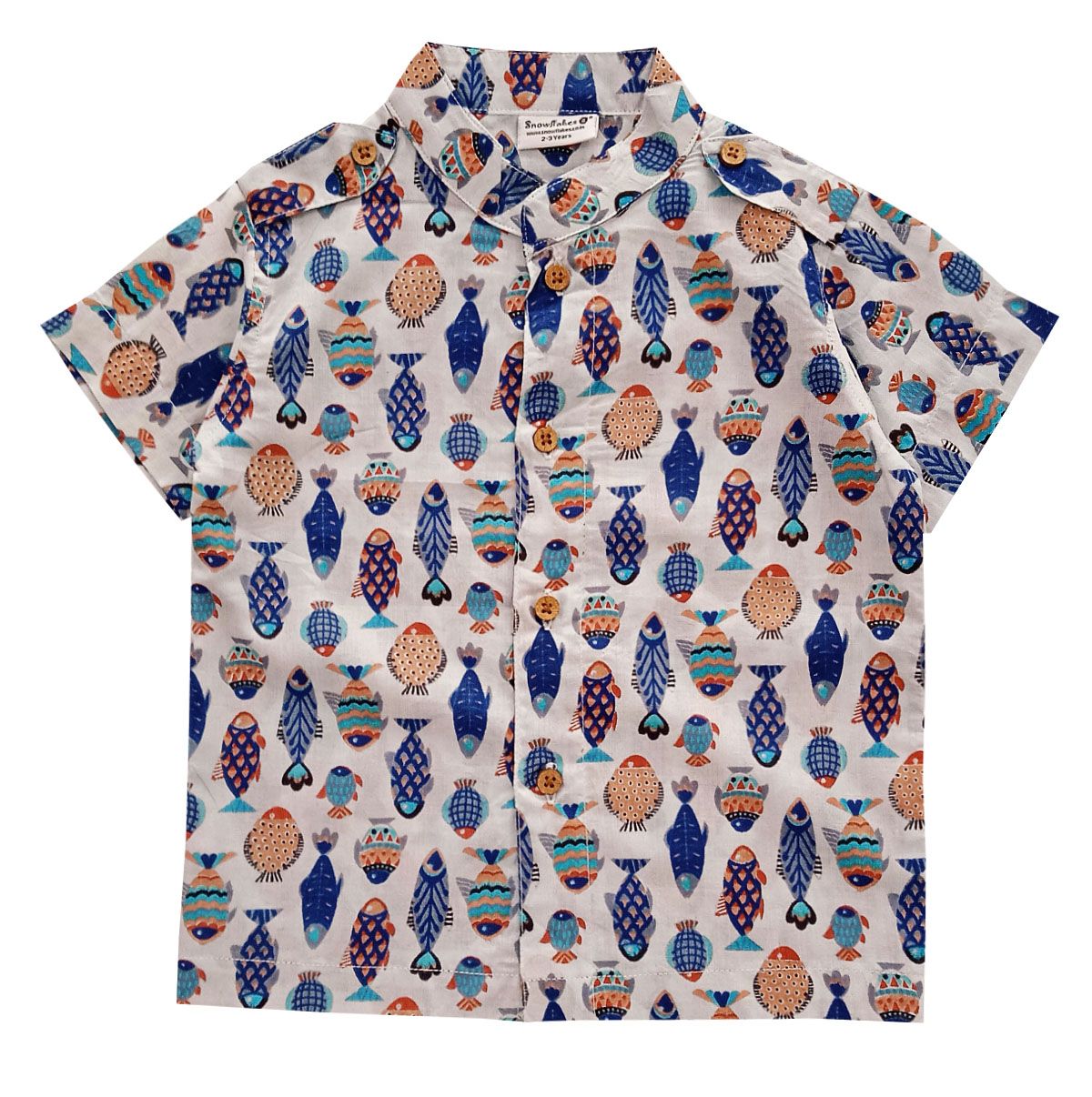 Snowflakes Boys Half Sleeve Shirt With Fish Prints - White