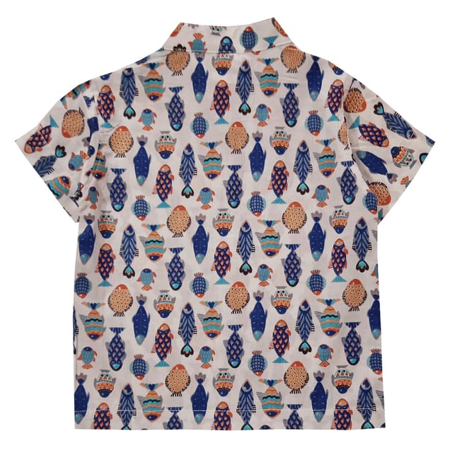 Snowflakes Boys Half Sleeve Shirt With Fish Prints - White