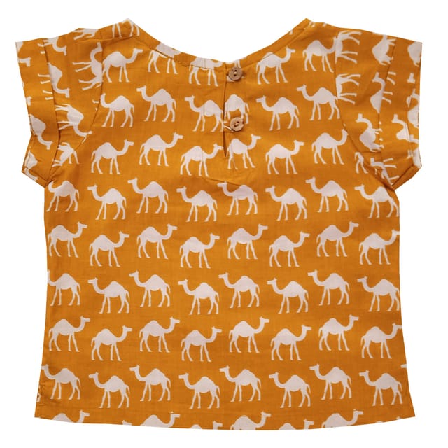 Snowflakes Girls Top With Camel Prints- Mustard
