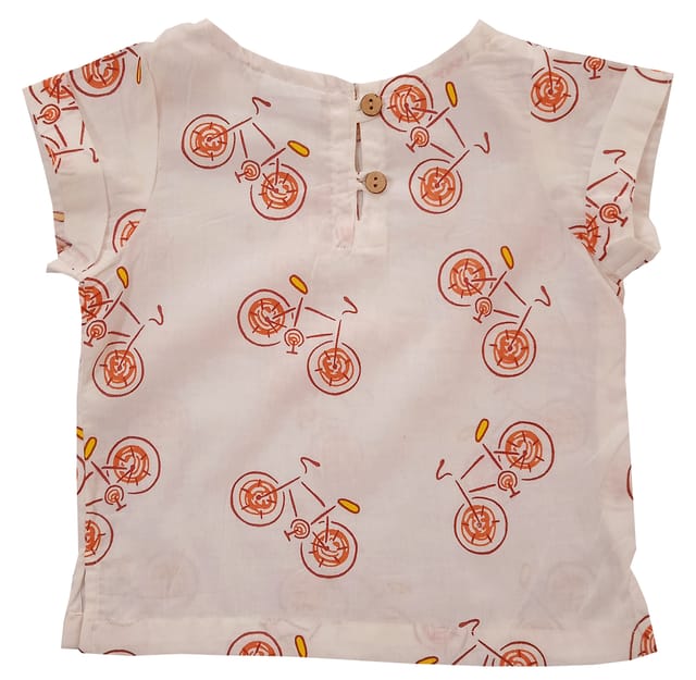 Snowflakes Girls Top With Cycle Prints- White