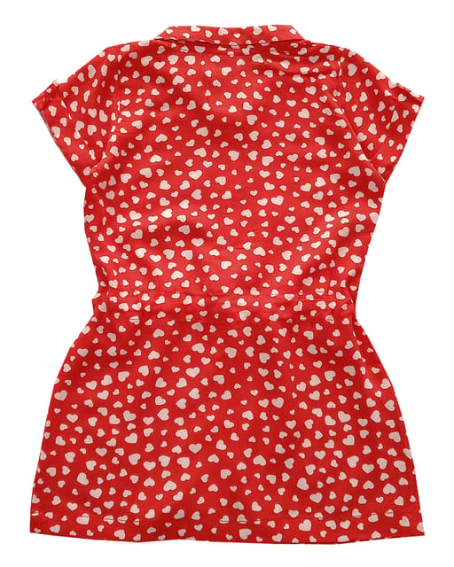 Snowflakes Girls Frock with Little Heart Print - Red