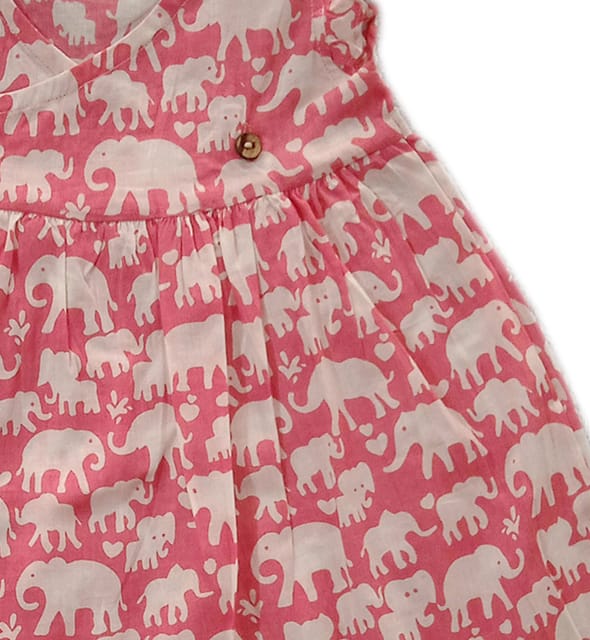 Girls Overlap Style Frock With Elephant Prints - Pink