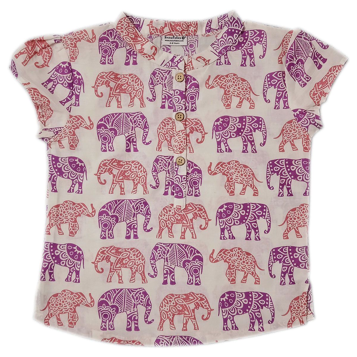 Snowflakes Girls Top With Big Elephants Prints- White