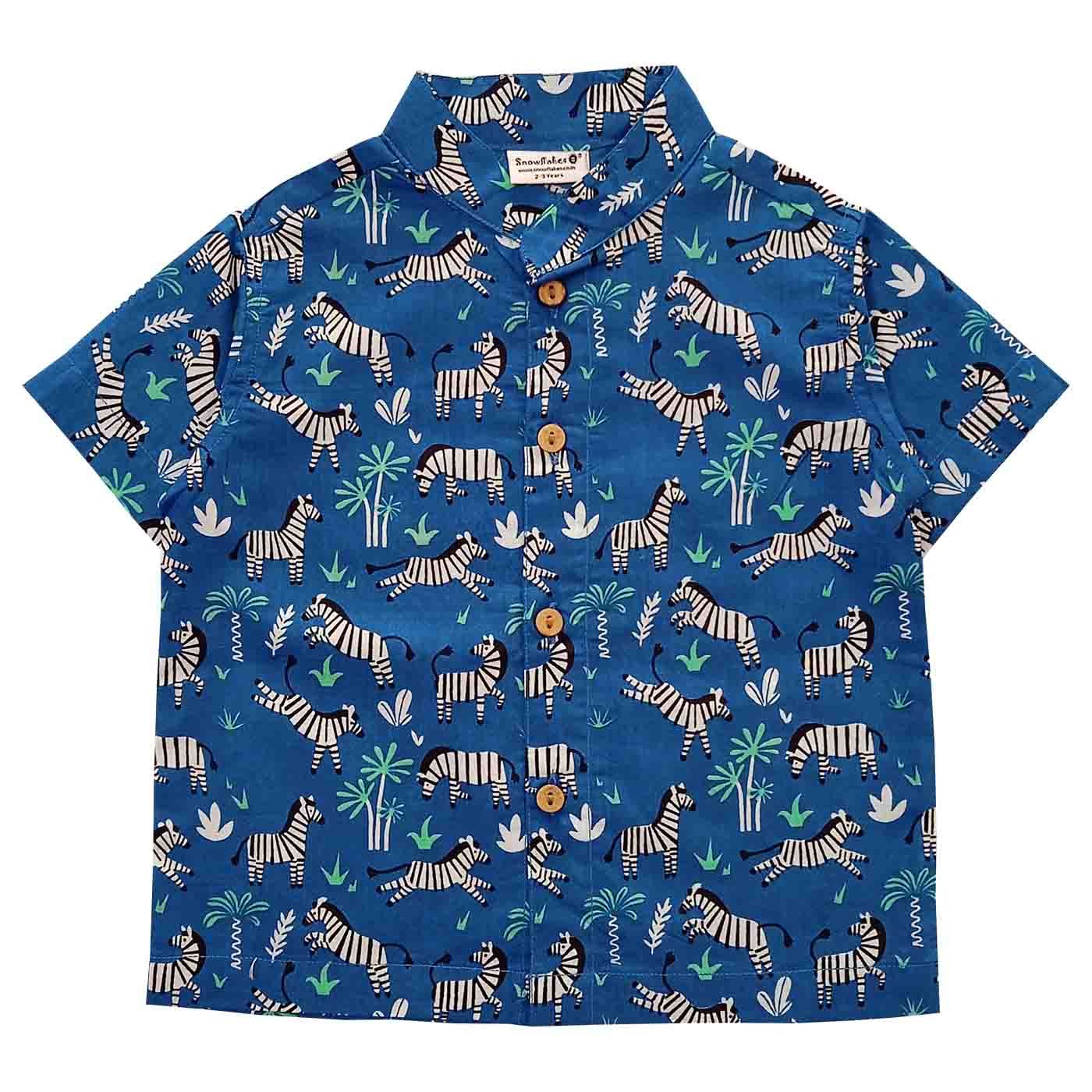 Snowflakes Boys Half Sleeve Shirt With Zebra Prints - Blue