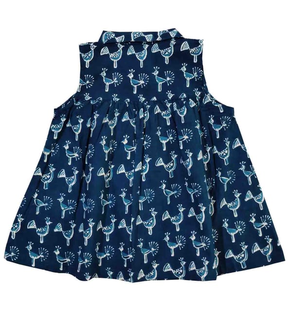 Snowflakes Girls Frock With Peacock Prints  - Blue