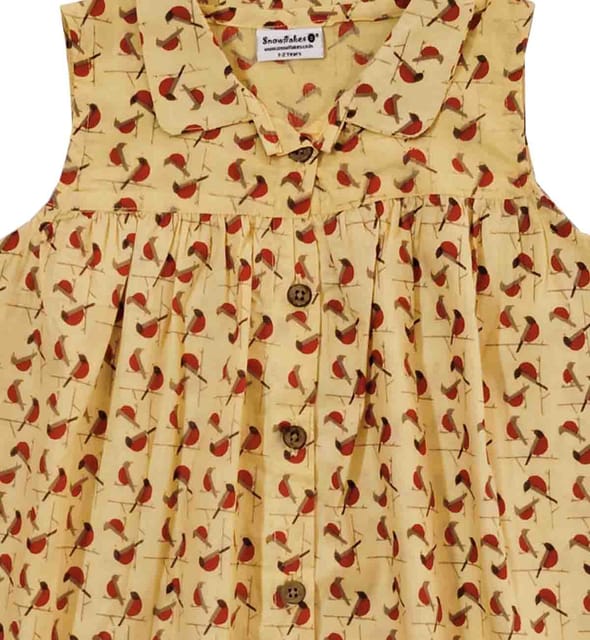 Snowflakes Girls Frock With Bird Prints- Yellow