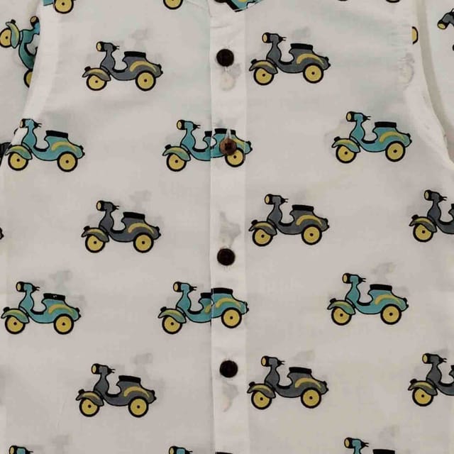 Snowflakes Boys Half Sleeve Shirt With Scooter Prints - white