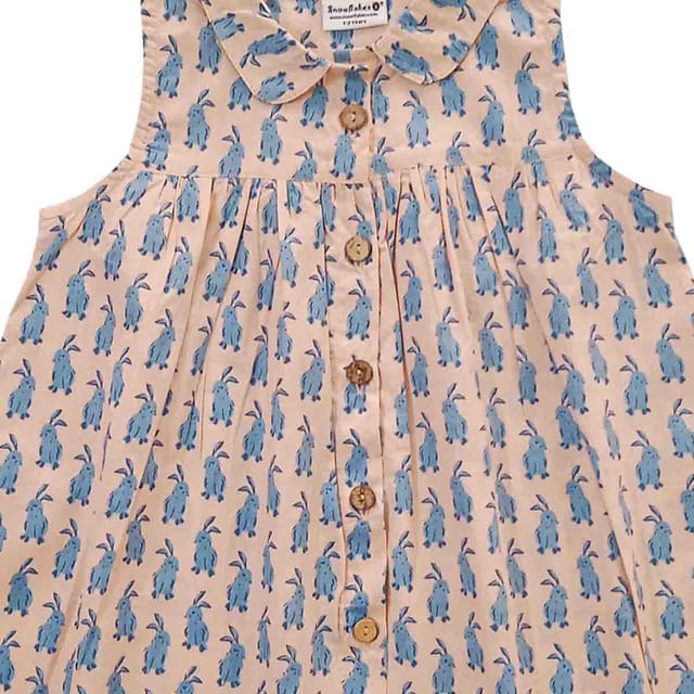 Snowflakes Girls Frock With Rabbit Prints- Peach