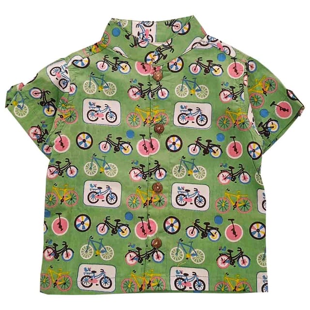 Snowflakes Unisex Cotton Co-Ord Set With Bicycle Prints - Green