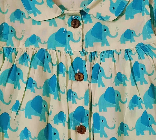 Snowflakes Girls Frock With Light Blue Elephant Prints- White