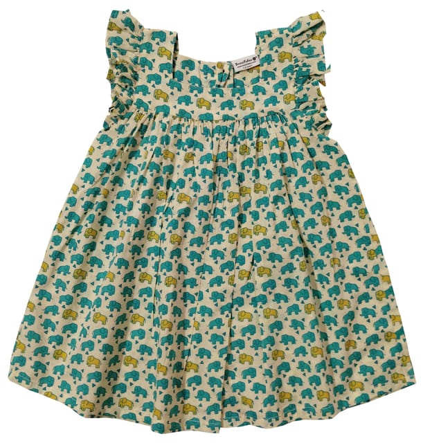 Snowflakes Girls Dress With Elephant Prints -Off  White