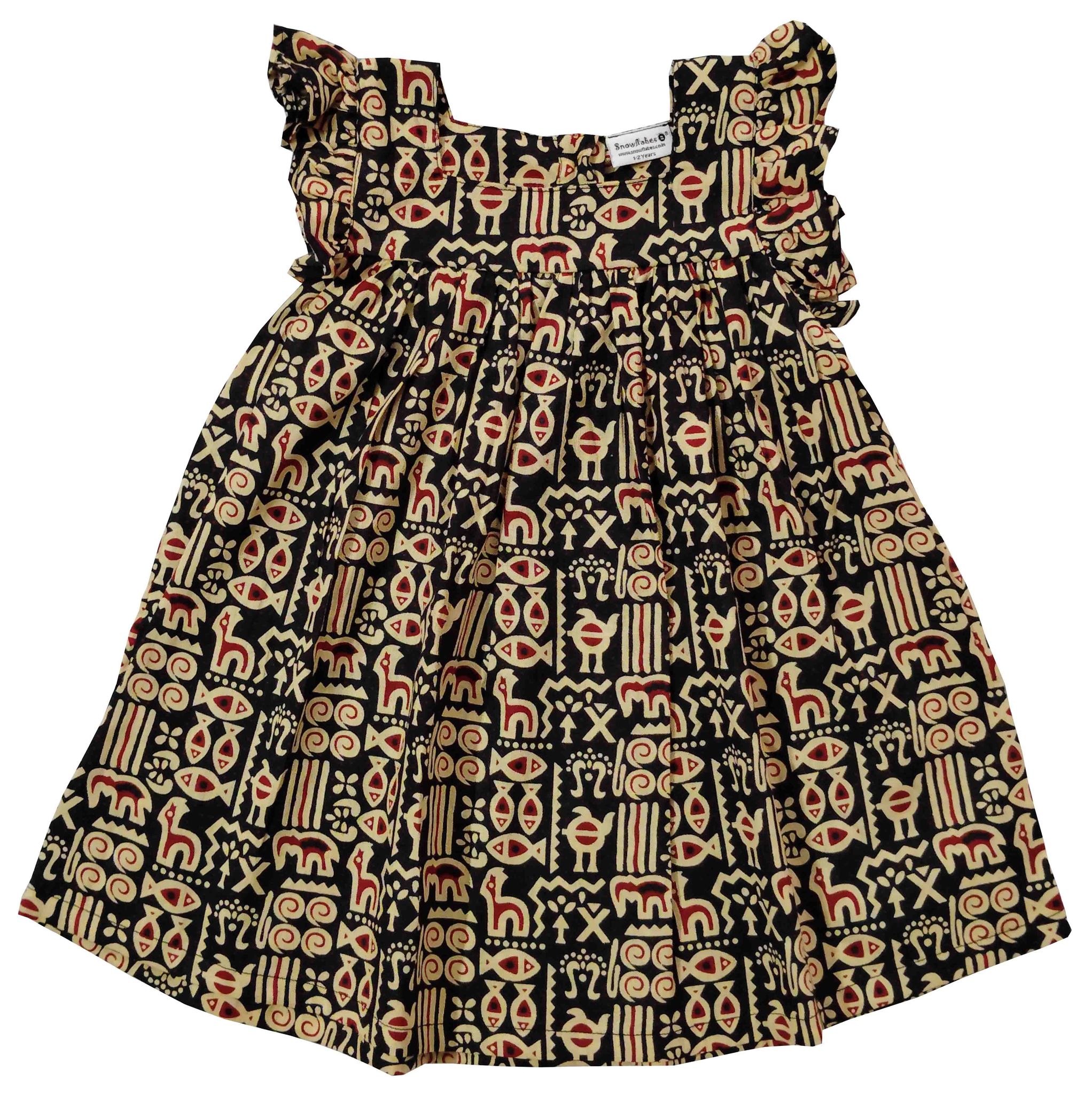 Snowflakes Girls Dress With Fish Prints - Black