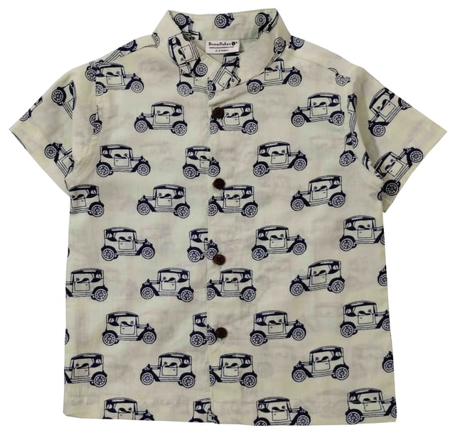 Snowflakes Boys Half Sleeve Shirt With Jeep Prints - Off White