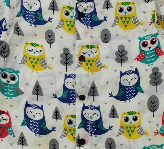 Snowflakes Boys Half Sleeve Shirt With Owl Prints - White