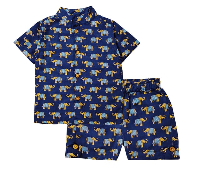 Snowflakes Unisex Cotton Co-Ord Set With Elephant Prints - Blue