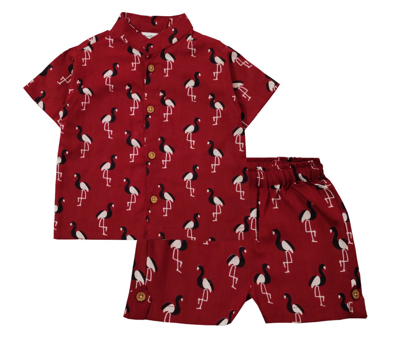 Snowflakes Unisex Cotton Co-Ord Set With Flamingo Prints - Maroon