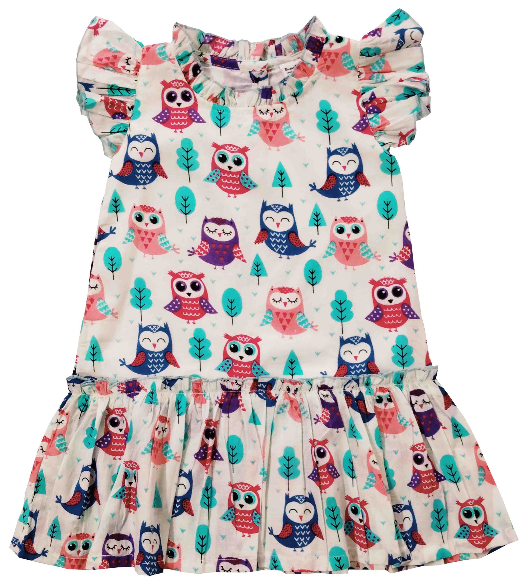 Snowflakes Girls Sleeveless Dress With Owl Prints - White