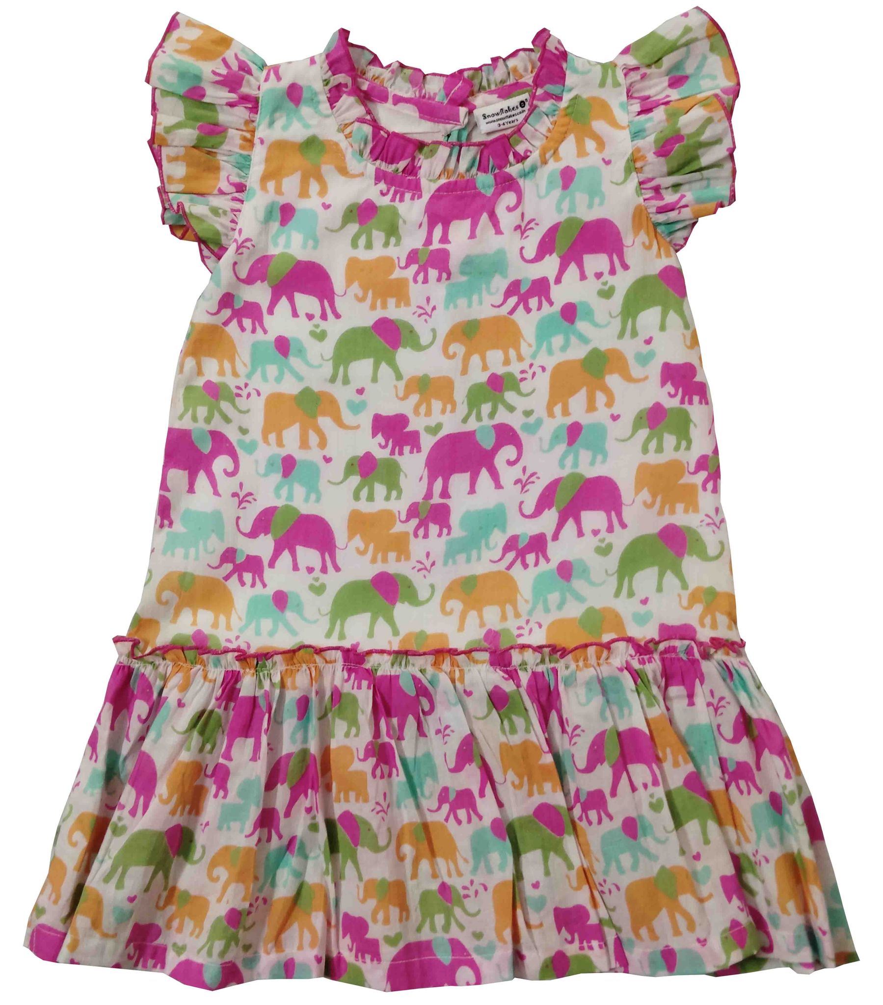 Snowflakes Girls Sleeveless Dress With Elephant Prints - White