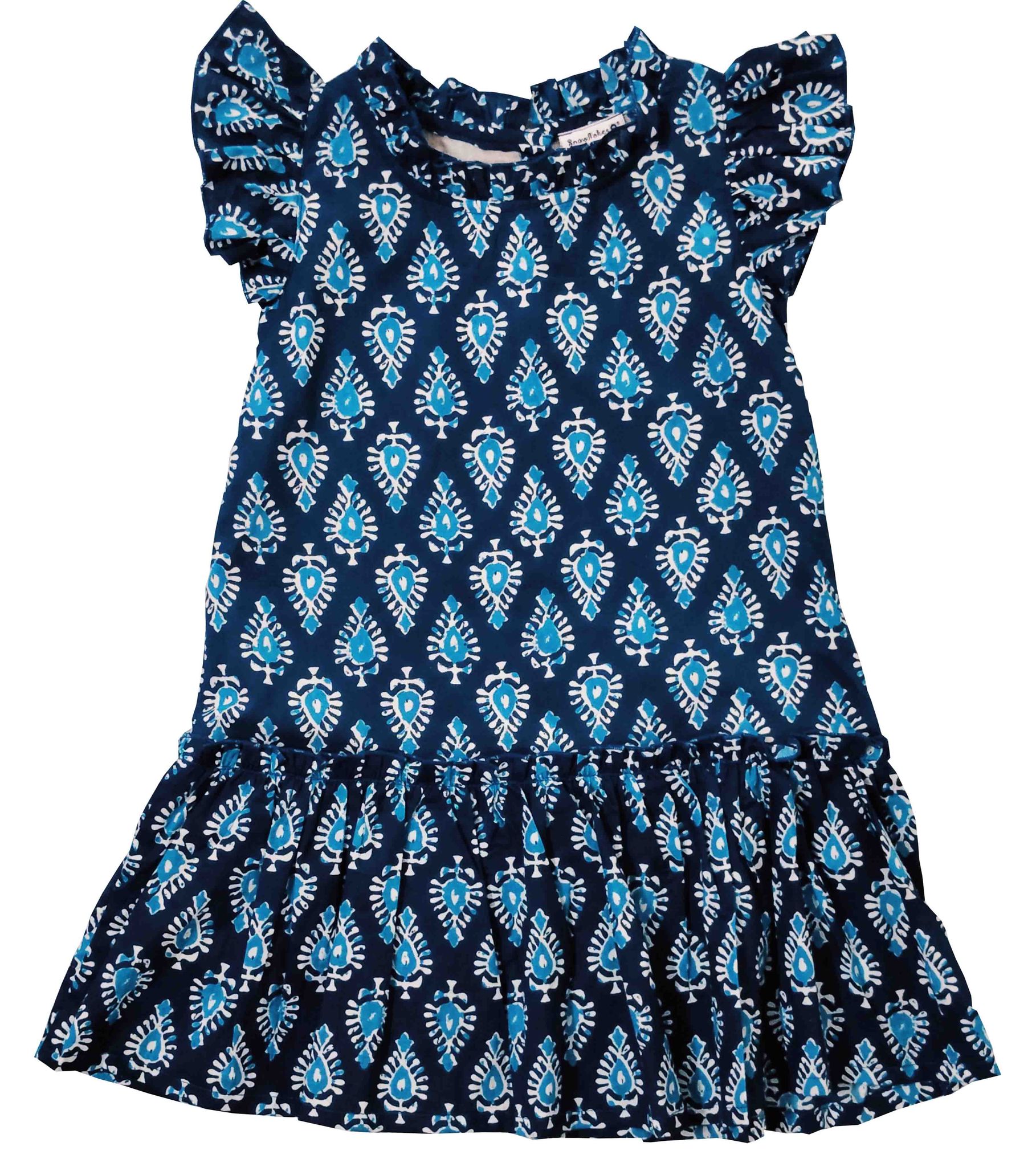 Snowflakes Girls Sleeveless Dress With Leaf Prints - Blue