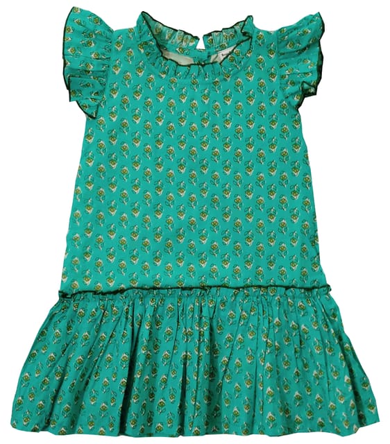 Snowflakes Girls Sleeveless Dress With Floral Prints - Green