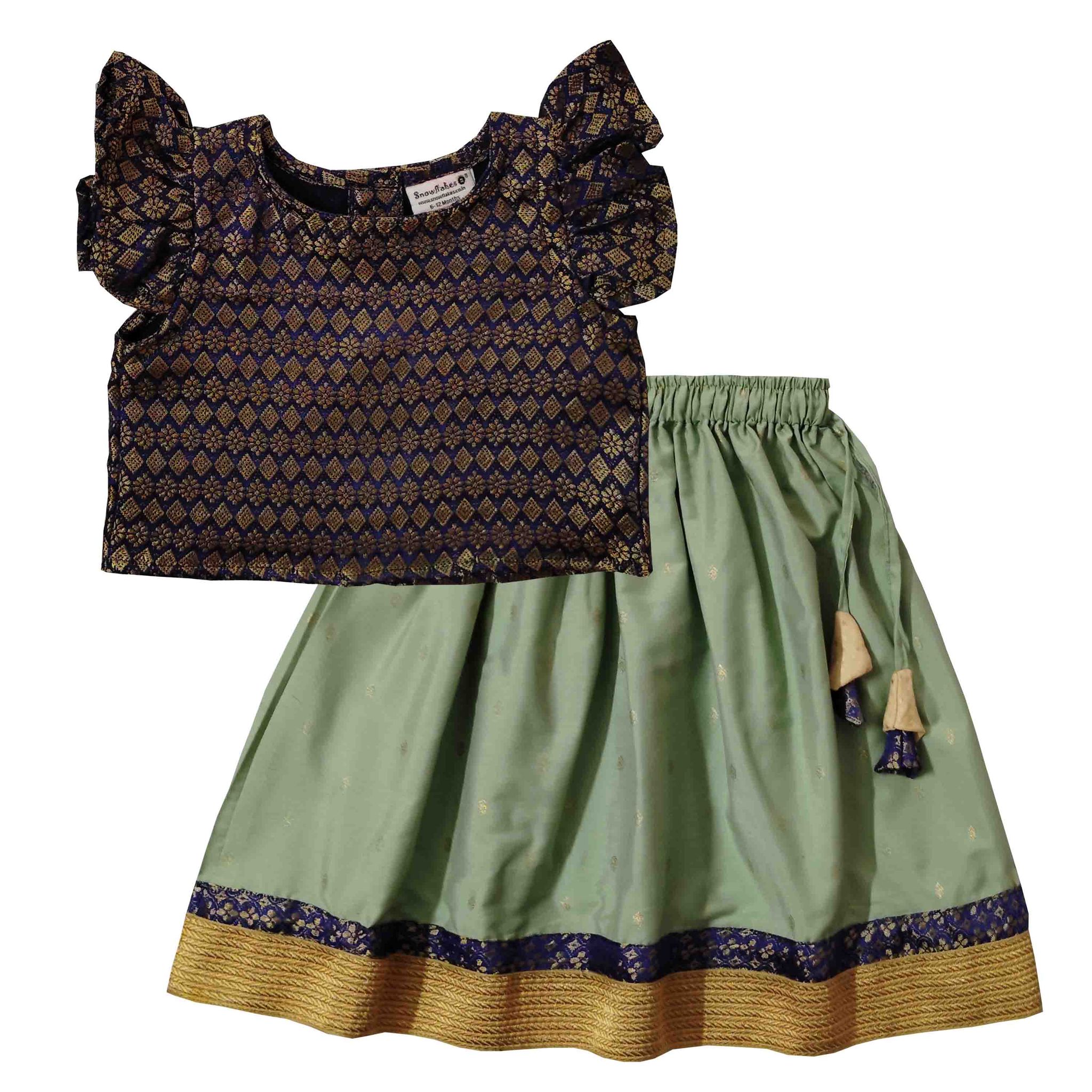 Snowflakes Girls Lehenga Set With Brocade Top - Blue & Green