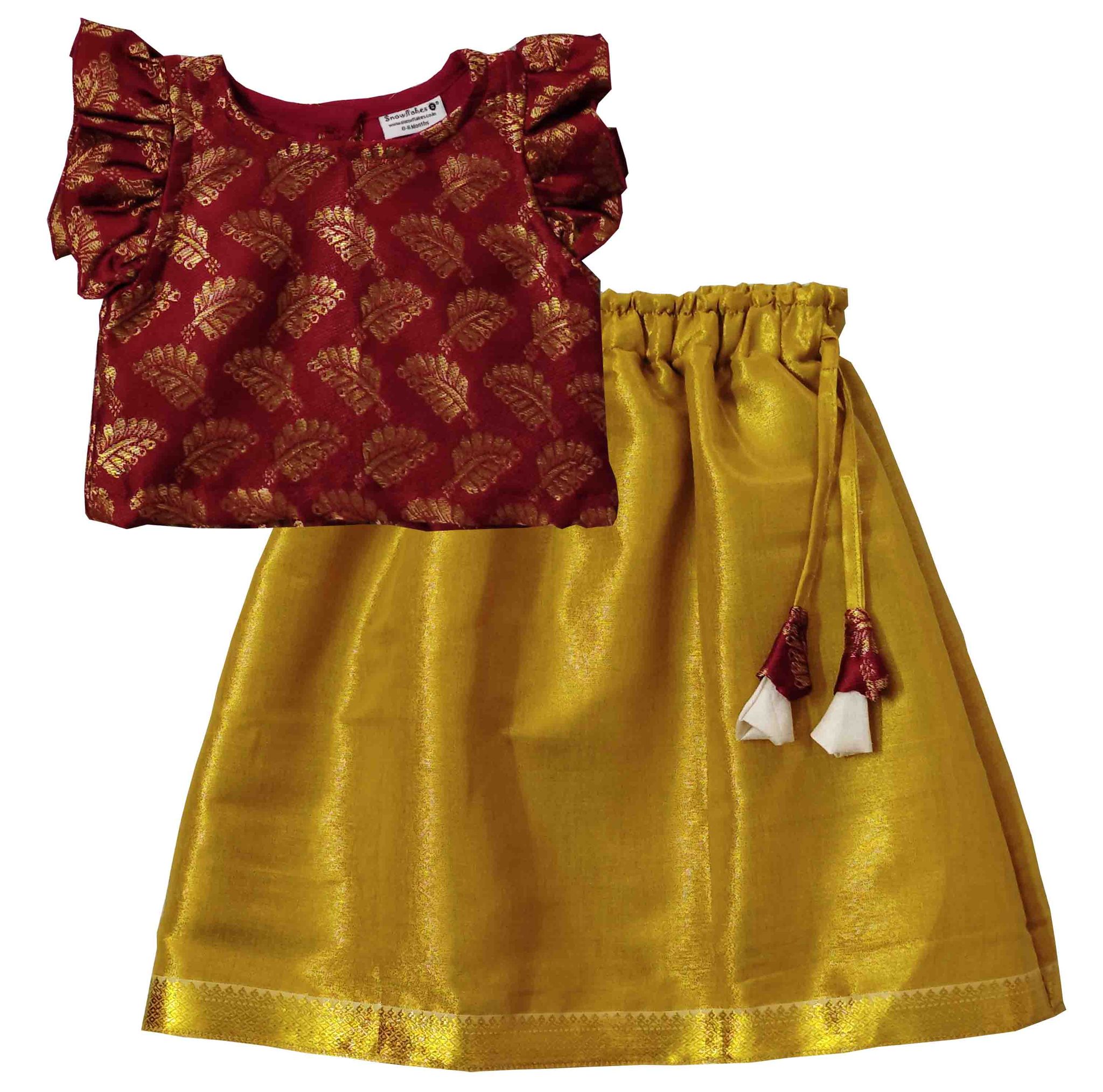 Snowflakes Girls Lehenga Set With Brocade Top - Maroon & Gold