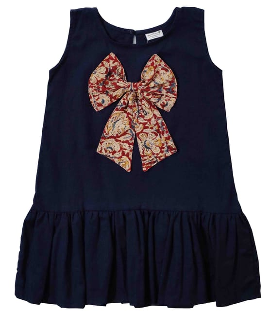 Snowflakes Girls Sleeveless Dress With Bow - Navy Blue