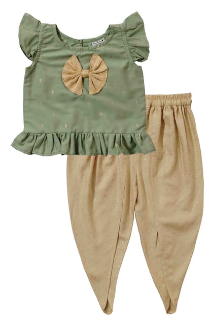 Snowflakes Girls top With Dhoti Style Pant Set - Green & Creem