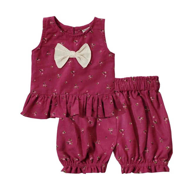 Snowflakes Girls Co-Ord Set With Florai Prints - Pink