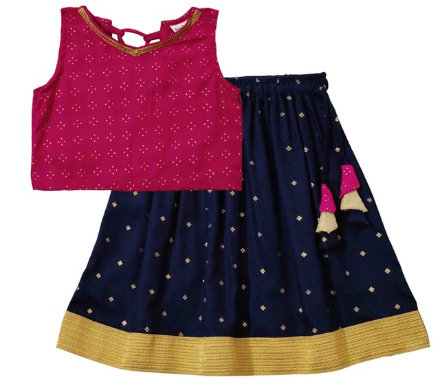 Snowflakes Girls Lehenga Set With Foil  Top - Pink Navy Blue