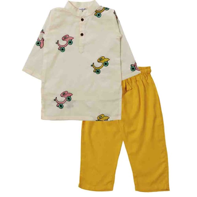 Snowflakes Boys Kurta With Scooter Embroidery And Pyjama Set -White & Yellow