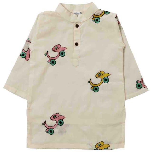 Snowflakes Boys Kurta With Scooter Embroidery And Pyjama Set -White & Yellow