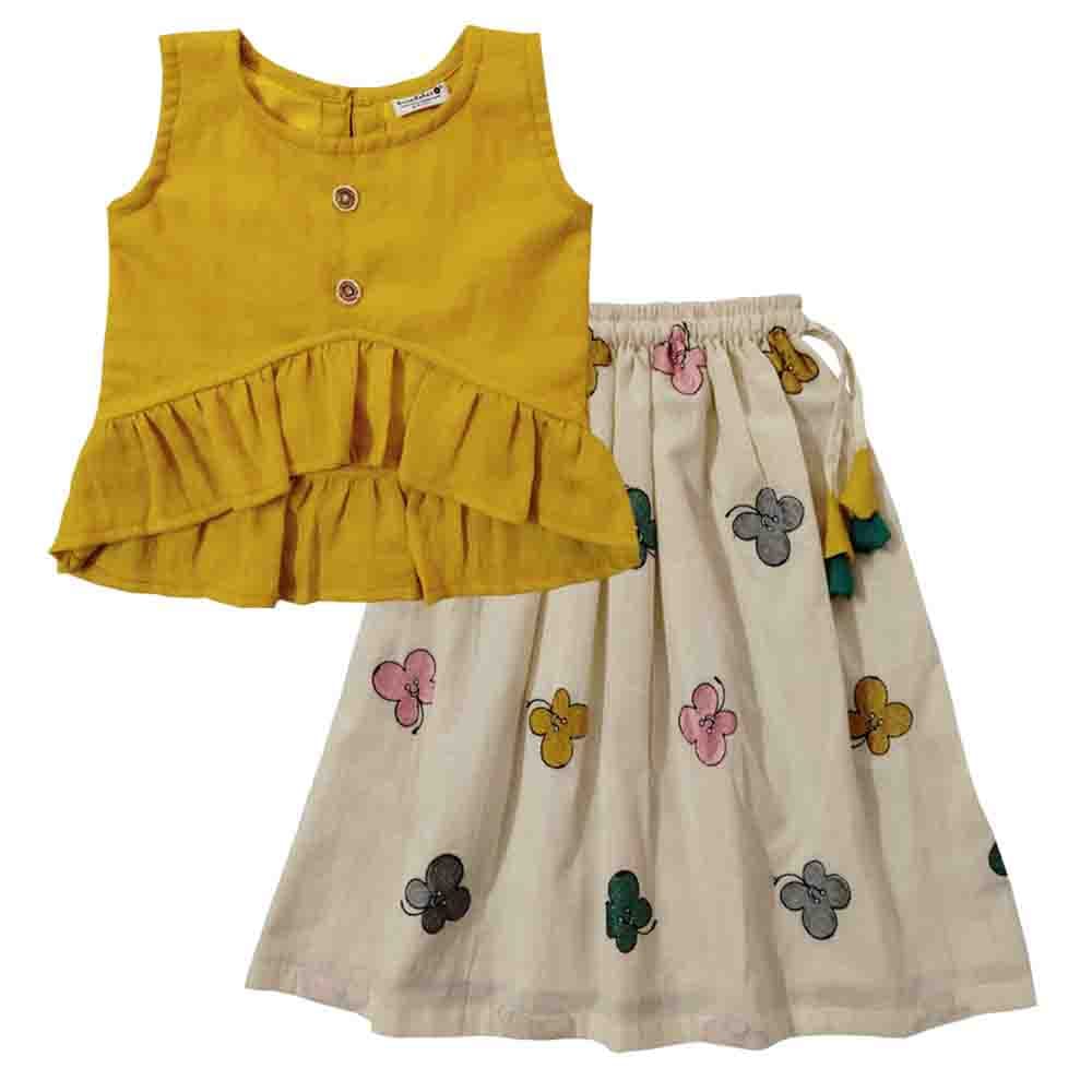 Snowflakes Girls Lehenga Set With Dobby Top And Embroidered Lehenga -Yellow & White