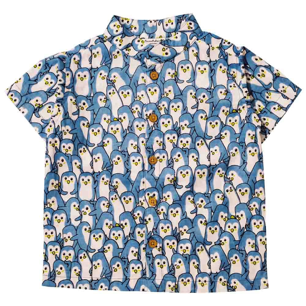 Snowflakes Boys Half Sleeve Shirt With Penguin prints - Blue