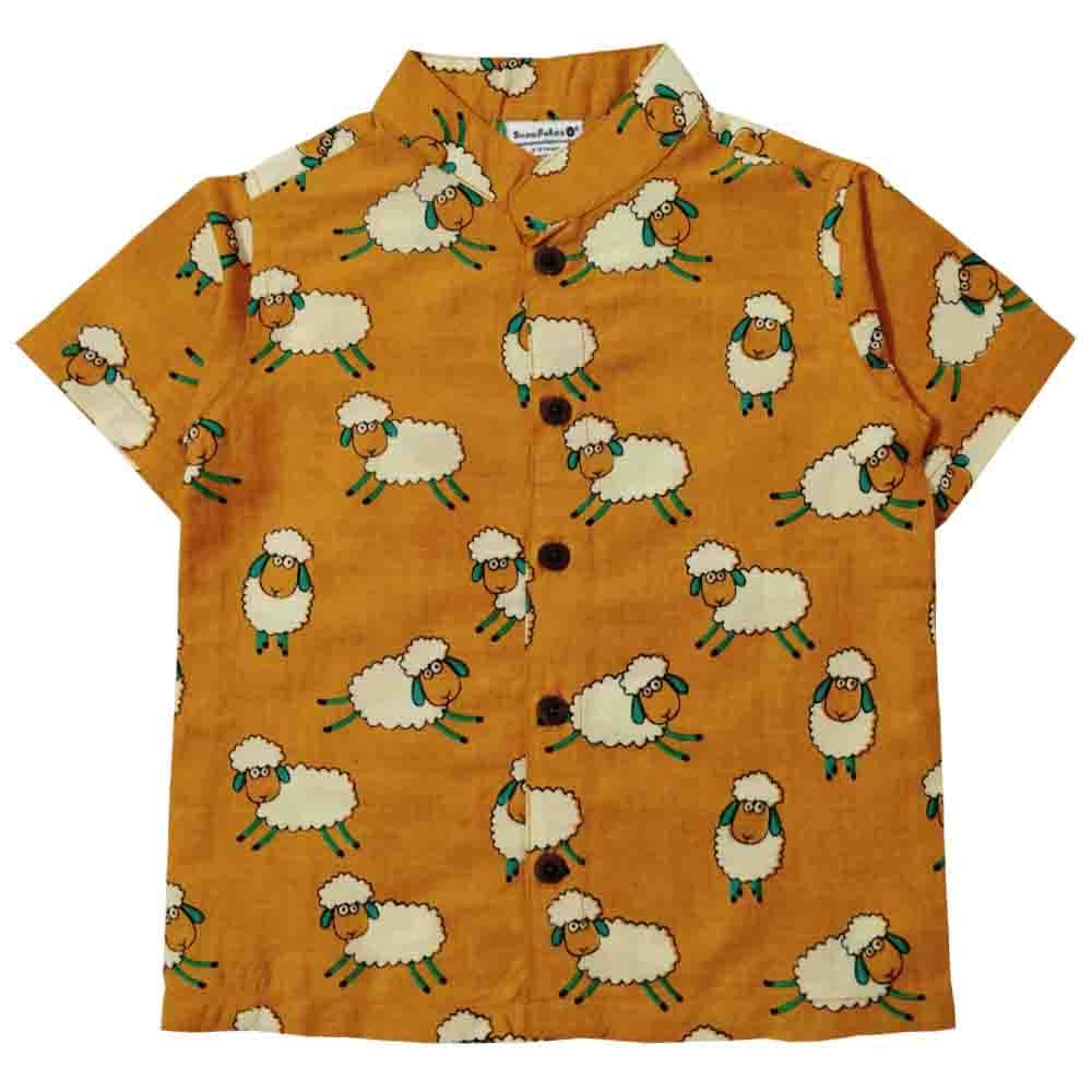 Snowflakes Boys Half Sleeve Shirt With Sheep prints - Mustard