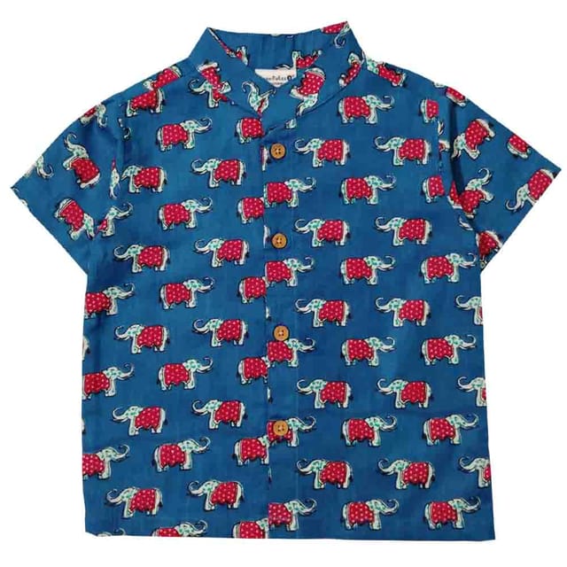 Snowflakes Boys Half Sleeve Shirt With Elephant prints - Blue