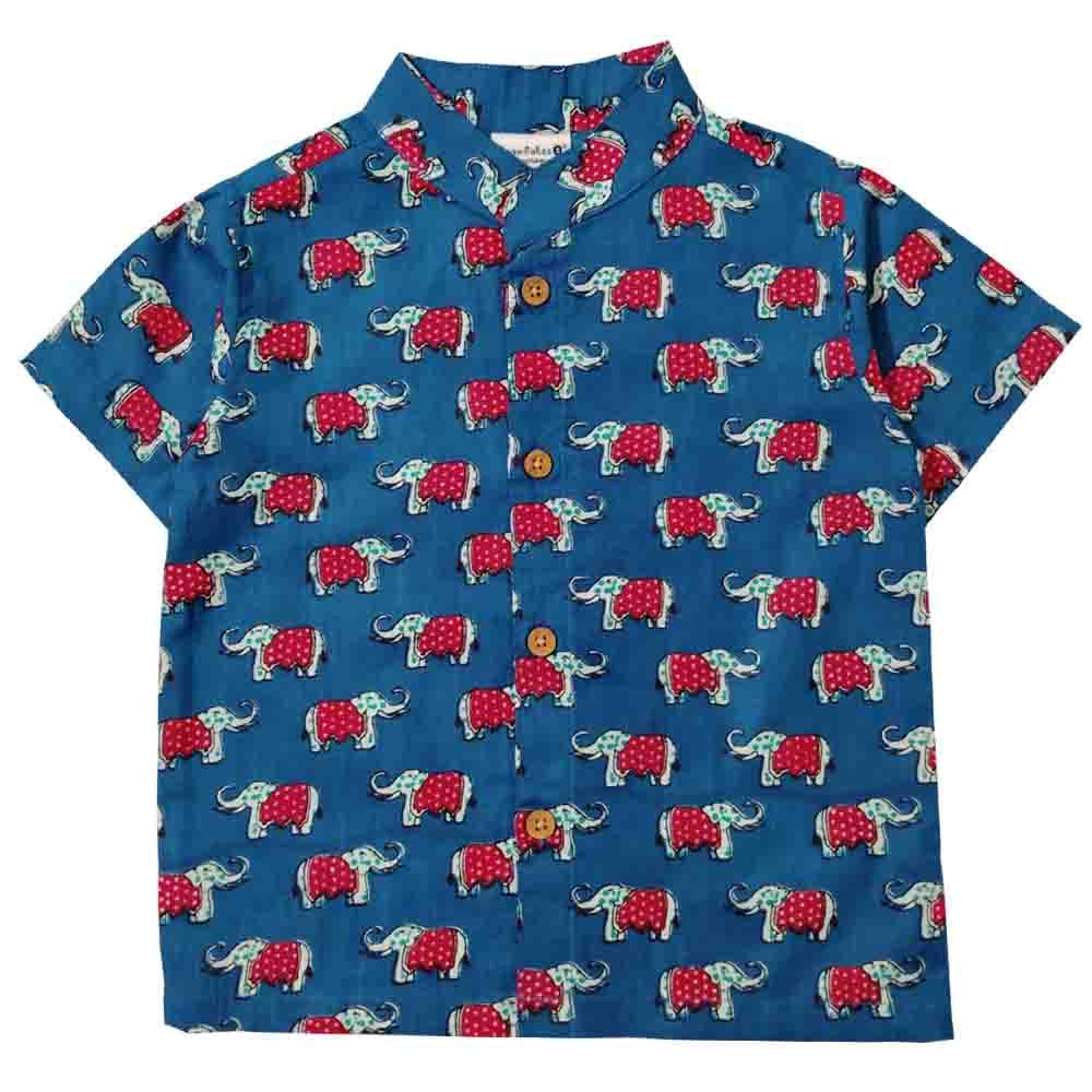 Snowflakes Boys Half Sleeve Shirt With Elephant prints - Blue