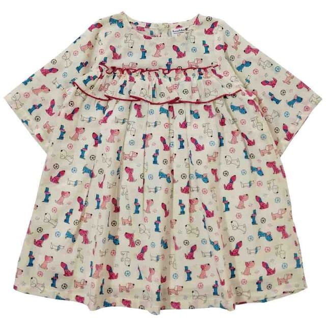 Snowflakes Girls 3/4th Sleeves  Frock With Dog Print - Off White