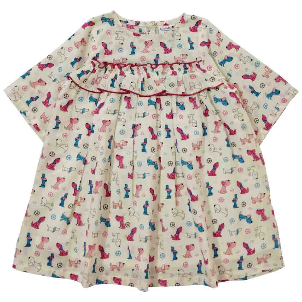 Snowflakes Girls 3/4th Sleeves  Frock With Dog Print - Off White