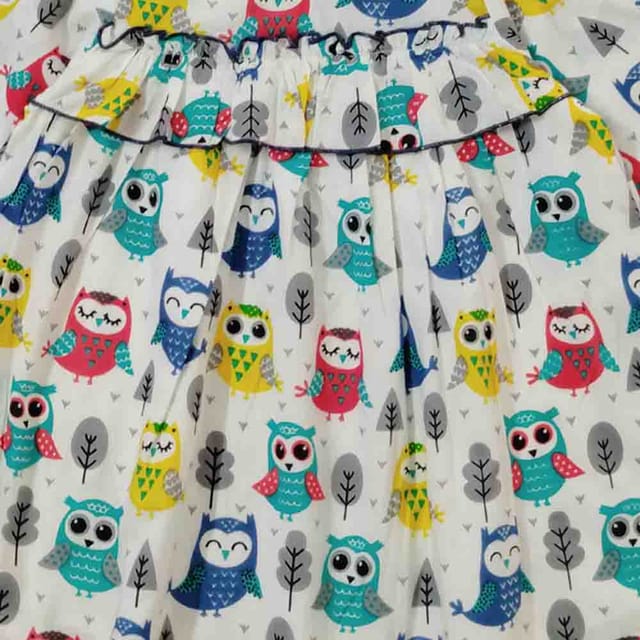 Snowflakes Girls 3/4th Sleeves Frock With Owl Print - White