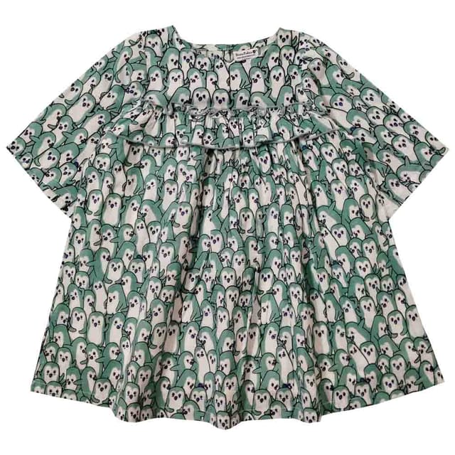 Snowflakes Girls 3/4th Sleeves Frock With Penguin Print - Green