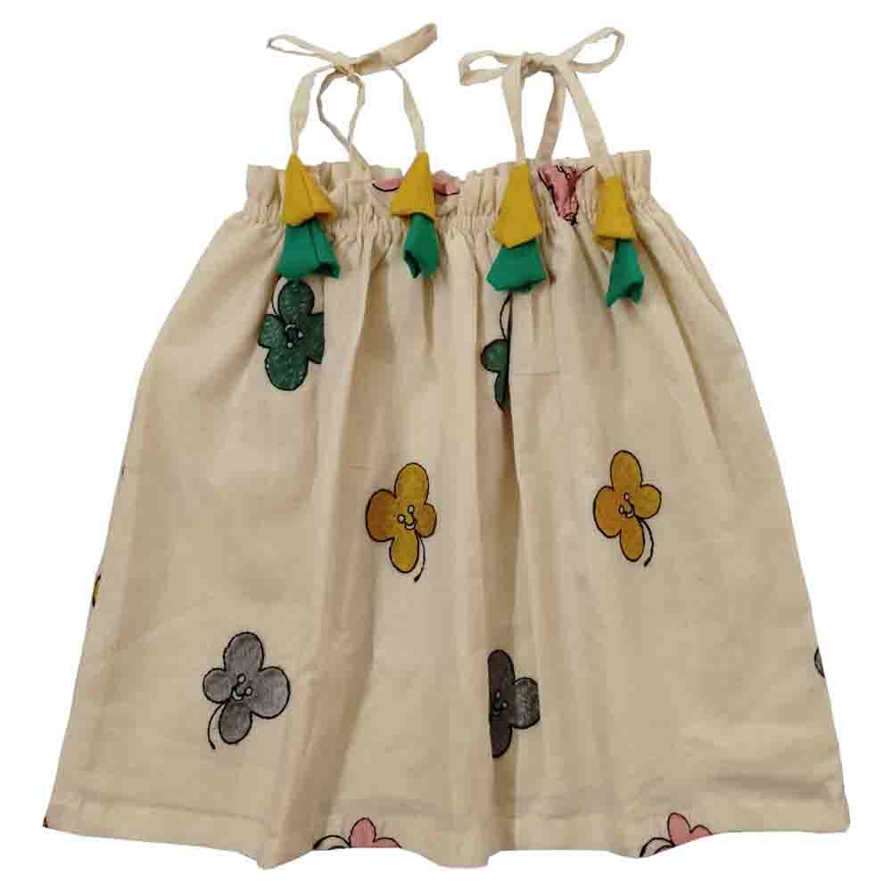 Snowflakes Girls Tying Style Frock with Butterfly Embroidery - White