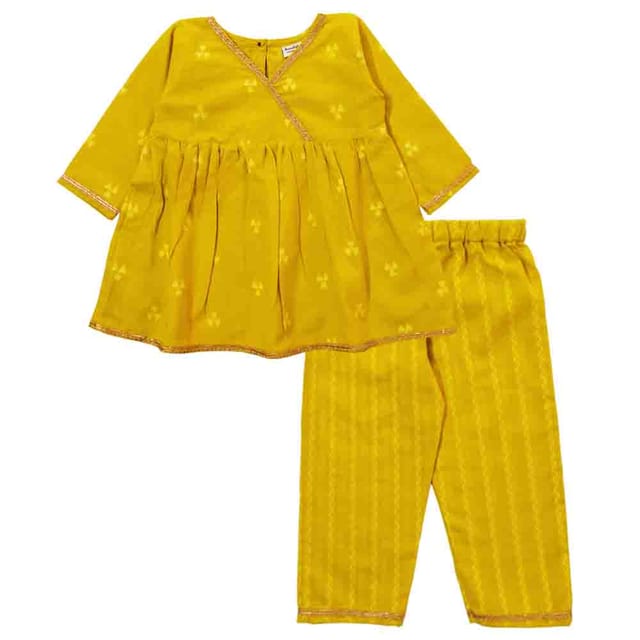 Snowflakes Girls Kurti Set With Straight Pant - Yellow