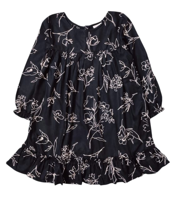 Snowflakes Girls Full Sleeve , 2 Panel Frock With Floral Prints- Black